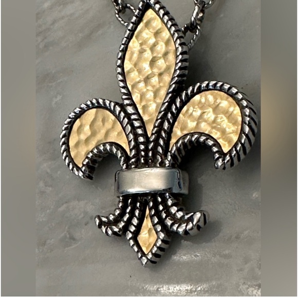 FINE JEWELRY Silver And 18Kt Gold Large Fleur De Lis Pendant Necklace - Picture 2 of 12